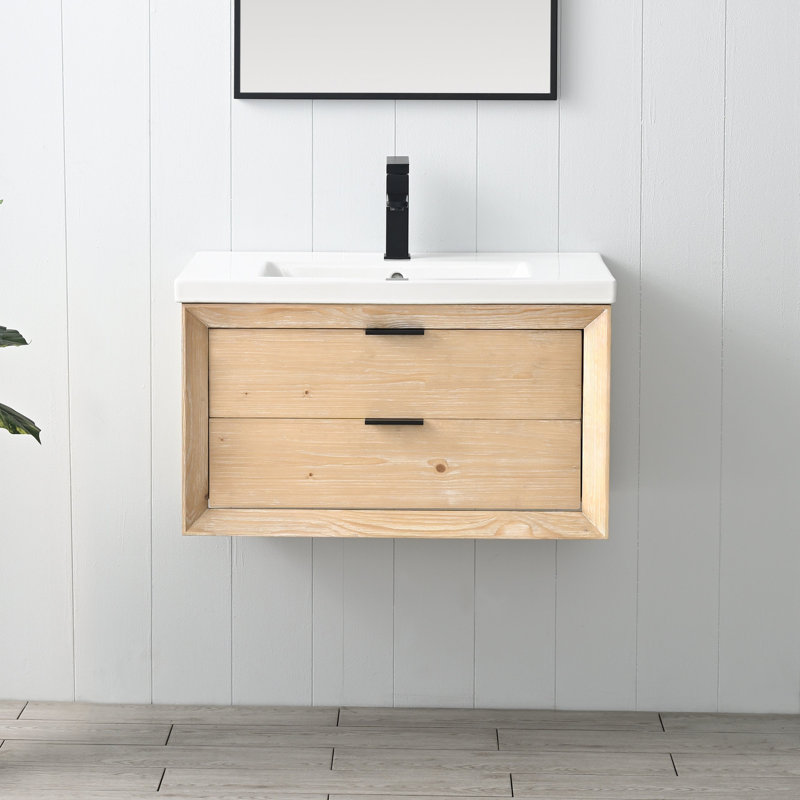 Meuble-lavabo mural simple 30 po avec comptoir en céramique Lelanie, Noir mat, Teak White Rustic