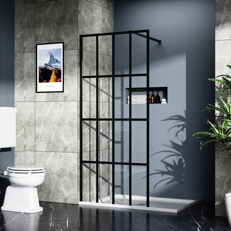 72" High Shower Screen, 34" Wide, Black, Tempered Glass, Support Bar Stable Frame
