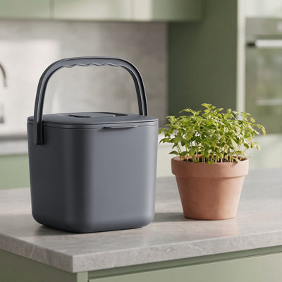 SONGMICS Compost Bin, PP Plastic Kitchen Food Waste Caddy, Worktop Bin with Lid and Strainer Basket, Odour-Proof, 7 L, 24 x 20 x 19.5 cm, Grey, Leos Collection LTB217GZ01