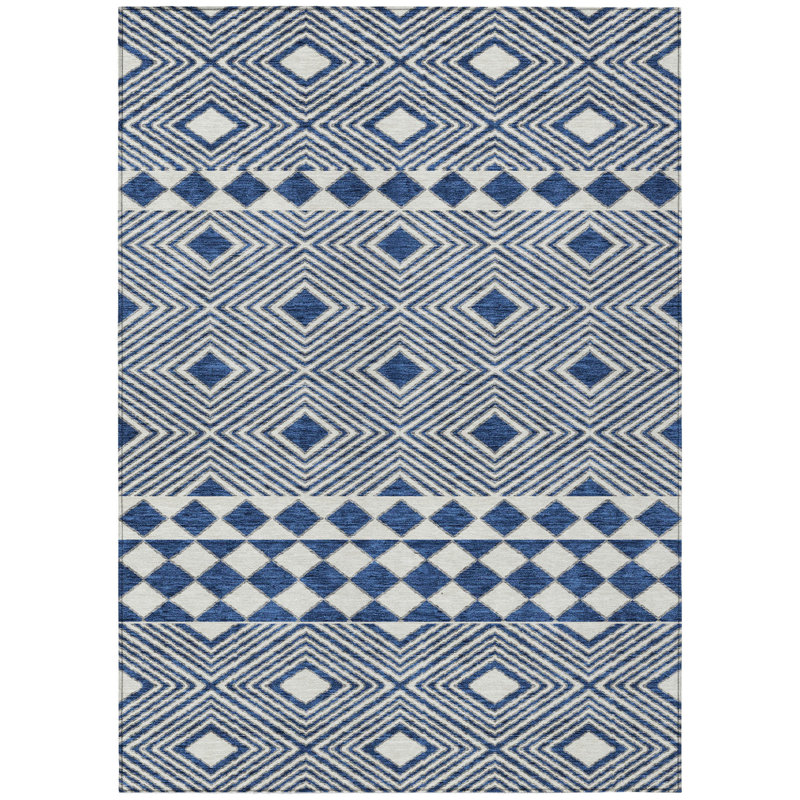 Tapis intérieur / extérieur géométrique lavable 9 pi x 12 pi bleu marine et ivoire