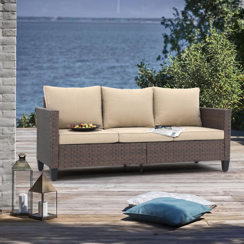 Canapé d'extérieur en osier avec coussins, Structure brune / coussin beige