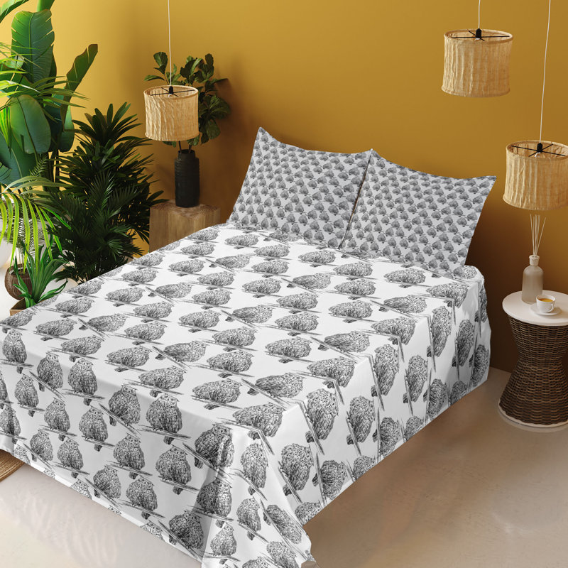 Ambesonne Owl Sheet Set Night Birds on Tree Branch Art Charcoal Grey White, King Sheet Set + 4 additional pieces