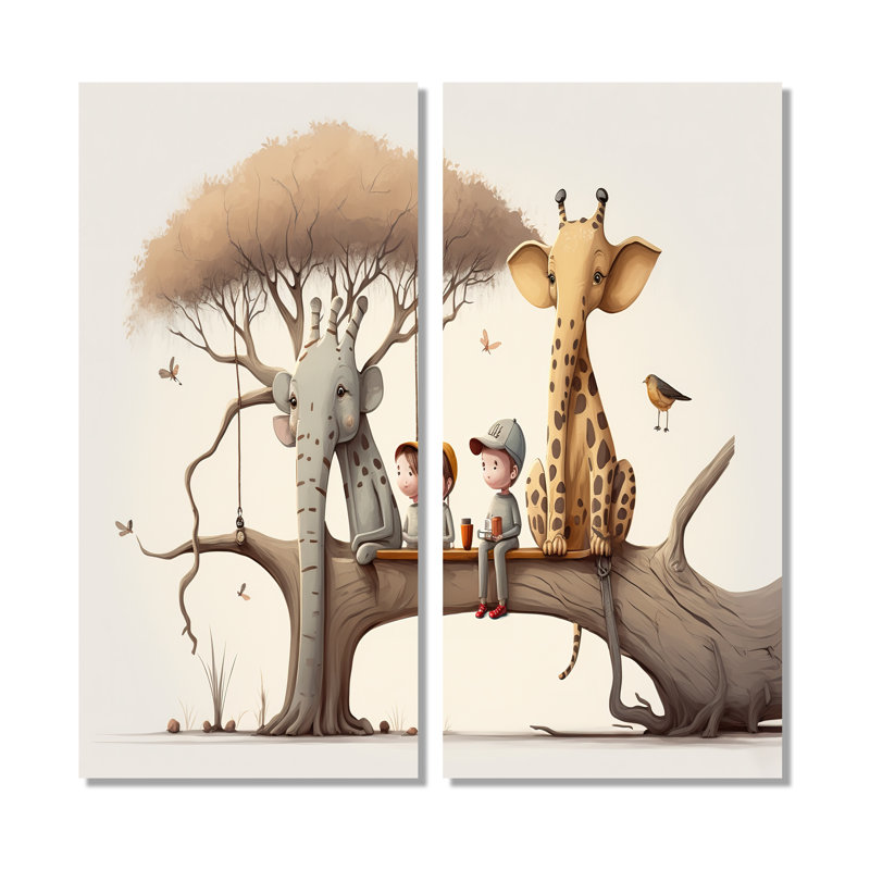 Giraffe And Elephant With Kids - Cream Canvas Prints, 20" H x 24" W, Wrapped Canvas, Does Not Apply