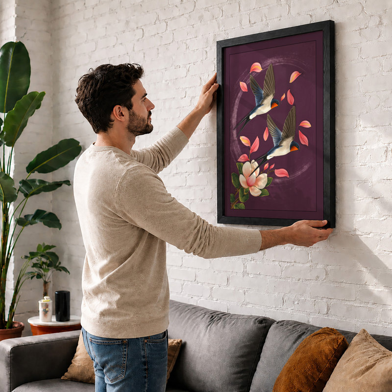 Wings Among Flowers Botanical - Framed Print, A2 - 59.4 x 42.0 cm, White