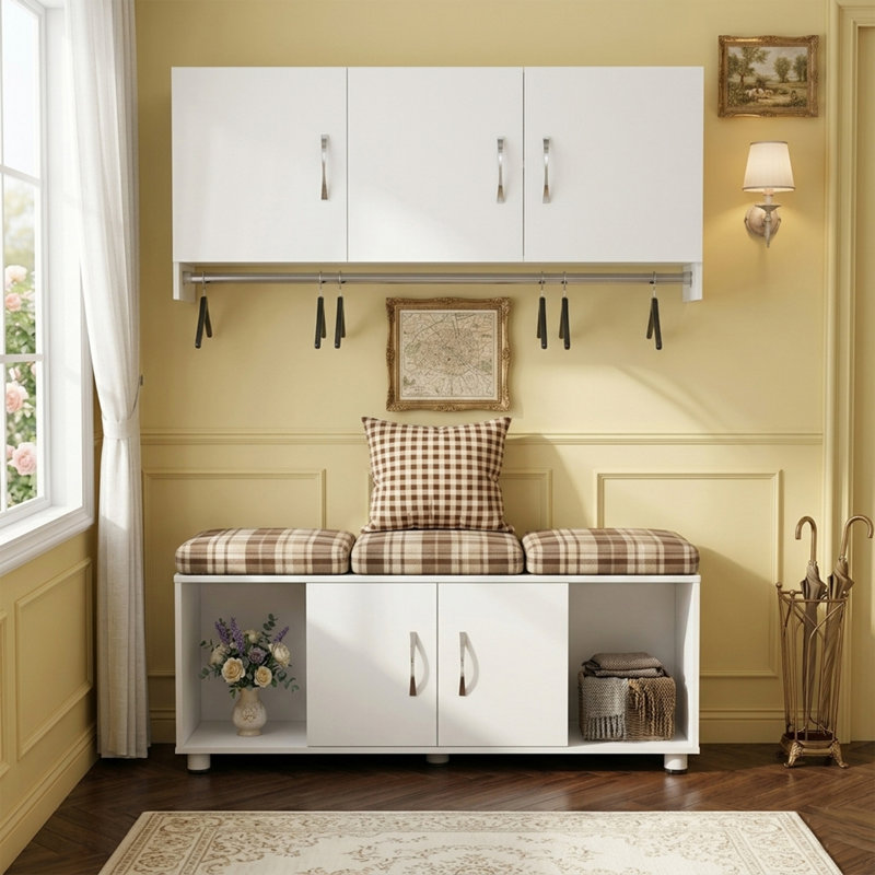 2-Piece Mudroom Storage Set With 3-Door Wall Cabinet, Hanging Rod, And 2-Door Storage Bench With Open Cubbies, White