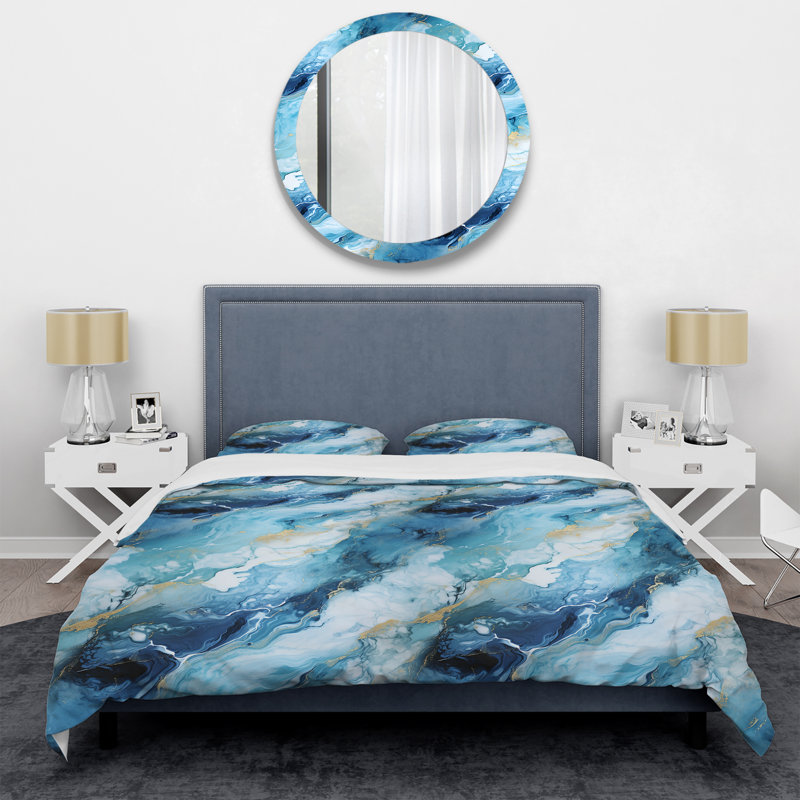 Literie côtière en marbre bleu côtier élégant, Housse de couette pour très grand lit et 2 très