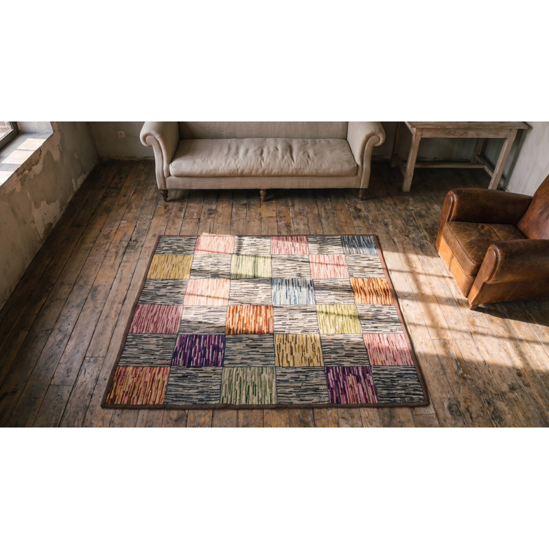 Artistic Geometric Tile Pattern Antique Folk Art American Hooked Rug