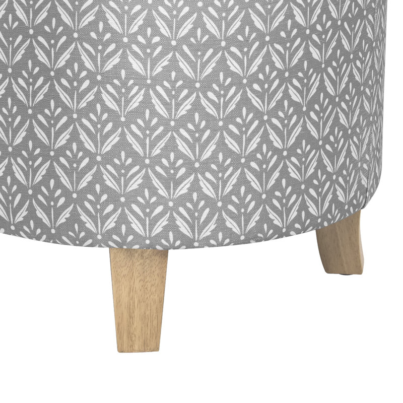 Repose-pieds rond avec rangement Loni, tissu à motif gris 19 po, bois brun