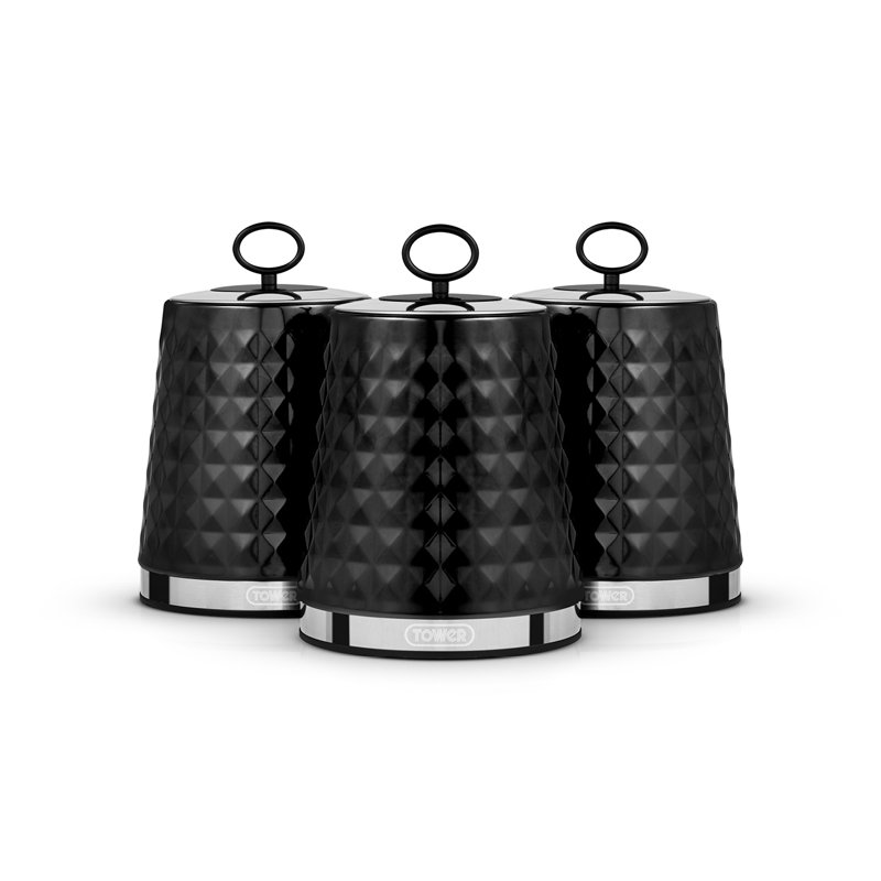 Tower Solitaire Canisters, Mirror Finished Steel Lid with Round Loop, Airtight, Black