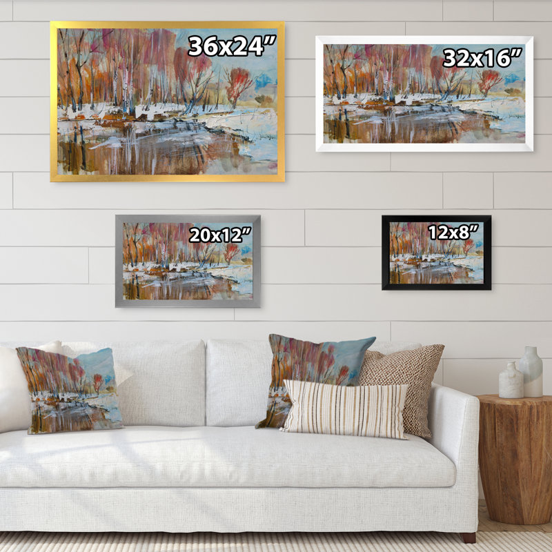 Forêt d'automne aux bouleaux III - Peinture sur toile, Cadre doré, H 16 po x l 32 po x P 1 po