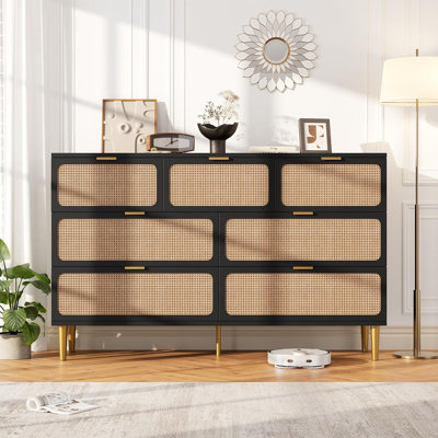 Commode à 7 tiroirs en rotin, armoire de rangement tissée noire pour la chambre à coucher