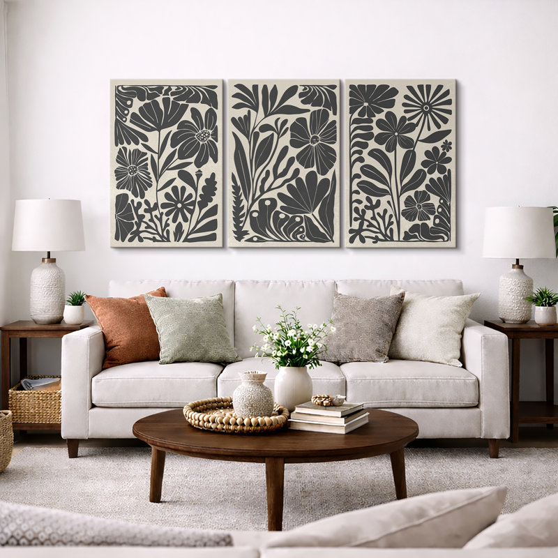 Abstrait botanique, art floral bohème noir et beige, photos murales de salon de style Mid-Century moderne, impression sur toile encadrée, 3 pièces, 16 po x 24 po x 3 pièces, 24 po x 36 po x 3 pièces, 20 po x 60 po x 3 pièces