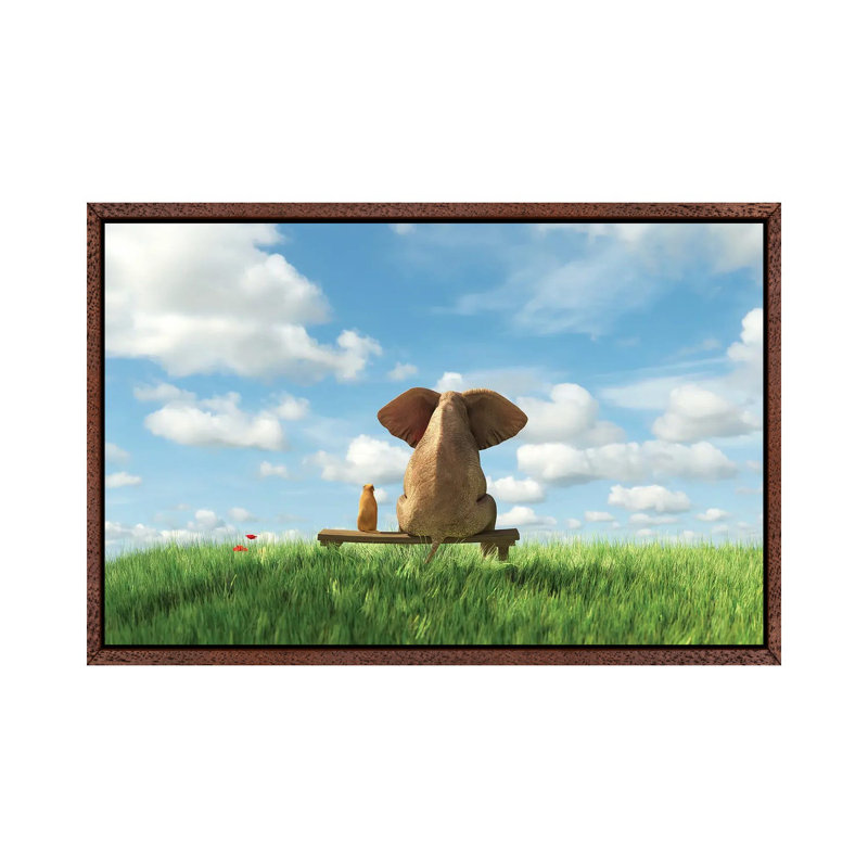 Elephant And Dog Sit On A Green Field by Mike Kiev - Print on Canvas, Classic Brown Wood Framed