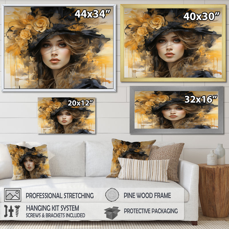 Glam Gilded Elegance Woman Portrait II - Fashion Wall Decor, Cadre photo noir, H 24 po x l 32 po x P 1 po