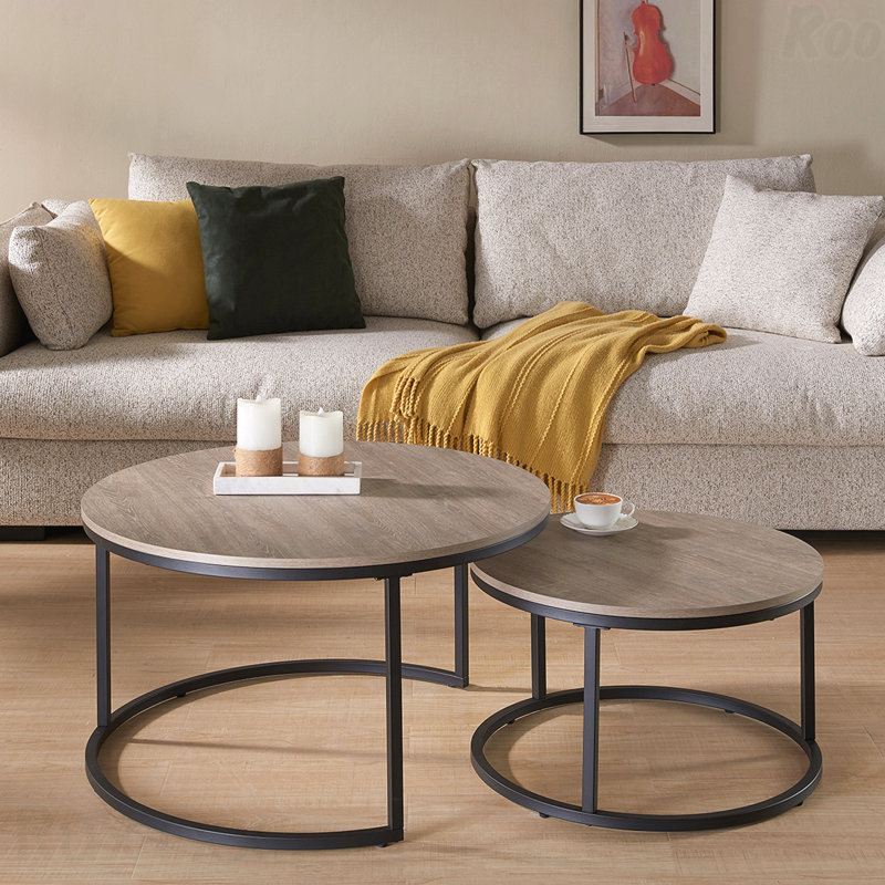 Table basse ronde, tables de centre, tables d'appoint rondes avec cadre en métal, 18" H x 31.5" W x 31.5" D, Grey Wash