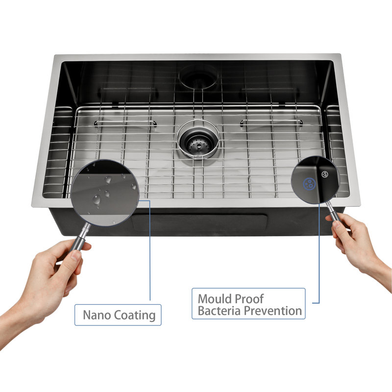 Single Bowl Stainless Steel Kitchen Sink, Gunmetal Black, 16, 10" H x 18" W x 30" L