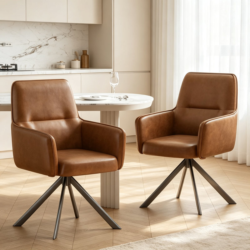 Chaises de salle à manger pivotantes en similicuir Mid-Century , Similicuir brun