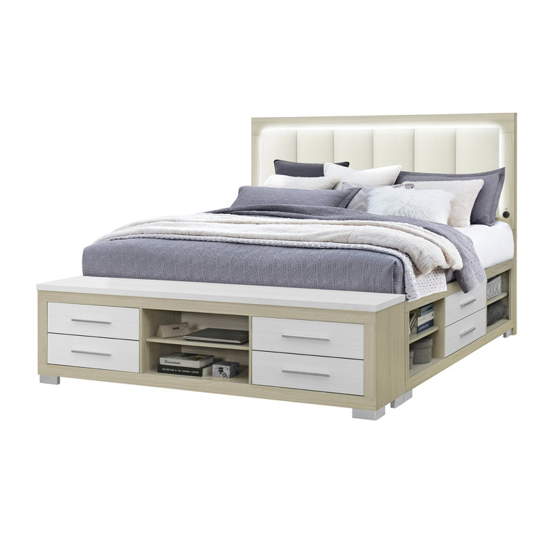 Lit Emma avec DEL et USB, Naturel / Blanc, Très grand