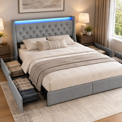 Grey Queen Size Metal Platform Bed Frame with Storage Headboard and 4 Underbed Drawers, Upholstered Bed with LED Light & Charging Station, Noise Free, Easy Assembly, No Box Spring Needed