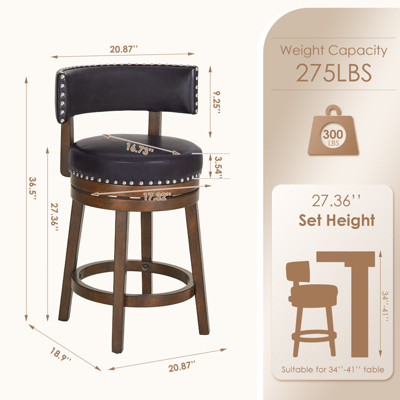 Tabouret de bar pivotant rembourré, chaise d'îlot de cuisine pivotante à 360° avec structure en bois massif, assise et dossier rembourrés, finition cloutée