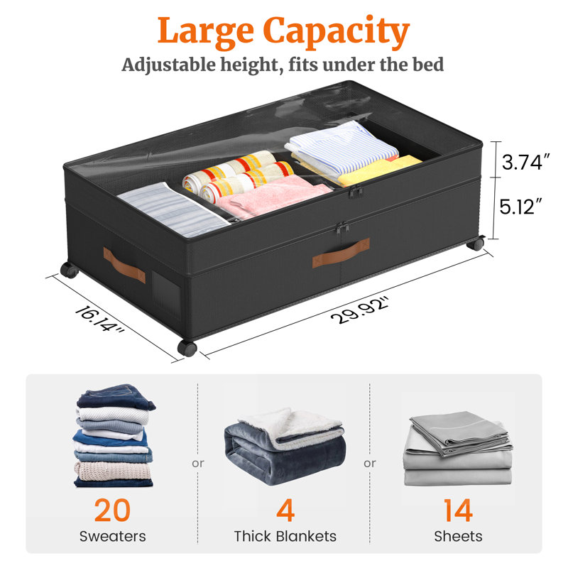 Ensemble de 2 espaces de rangement sous le lit - Hauteur réglable (5,12 po à 8,86 po) et roulettes