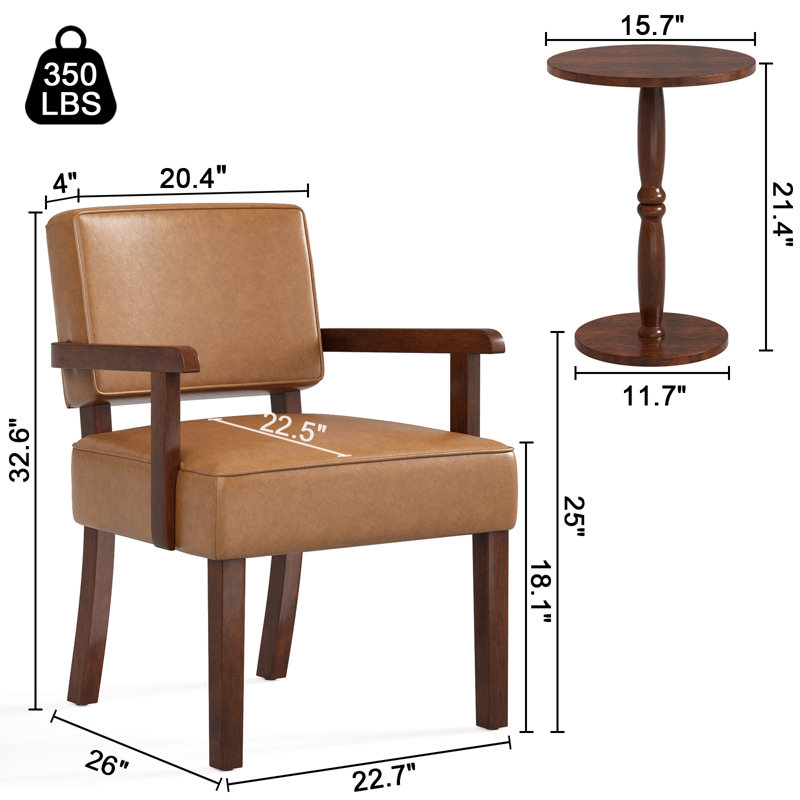 Chaises d'appoint de salon de 32,6 po de hauteur avec table de bout et fauteuil d'appoint en cuir Nondas, Similicuir brun