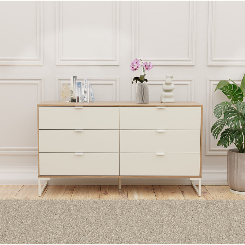Collins Modern 6-Drawer Dresser for Bedroom, 57"W Storage Chest with Metal Slides, Light Brown/Cream