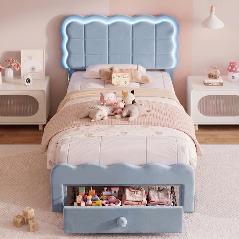 Cadre de lit double rembourré avec lumières DEL et tiroir de rangement pour enfants - Bleu, Blue