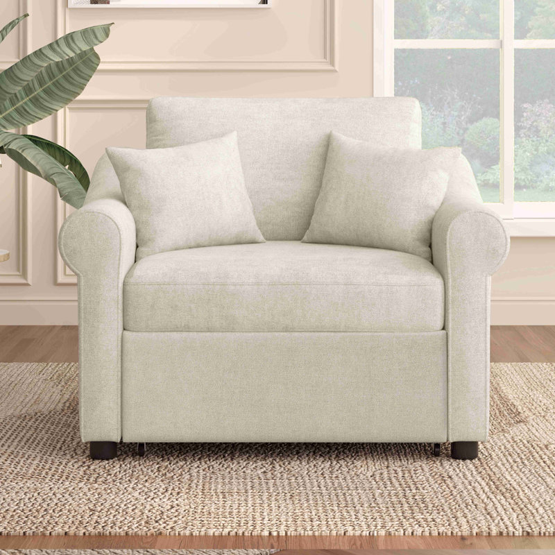 Chenille Convertible Sleeper Chair with Adjustable Backrest, 3 IN 1 Lounger Chair Turns Into Bed, Single Bed, Beige