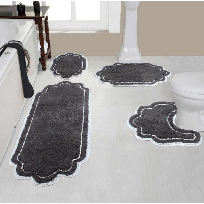 Dobrinsky 100% Cotton Bath Rug and Contour Mat, Machine Washable, Quick Dry, Absorbent - 4 Piece Set, Dark Gray