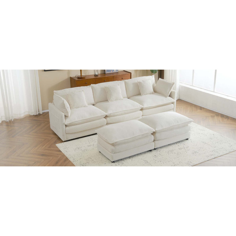 Canapé modulaire en L en velours côtelé de 112,6 po avec poches de rangement latérales pour salon, Beige