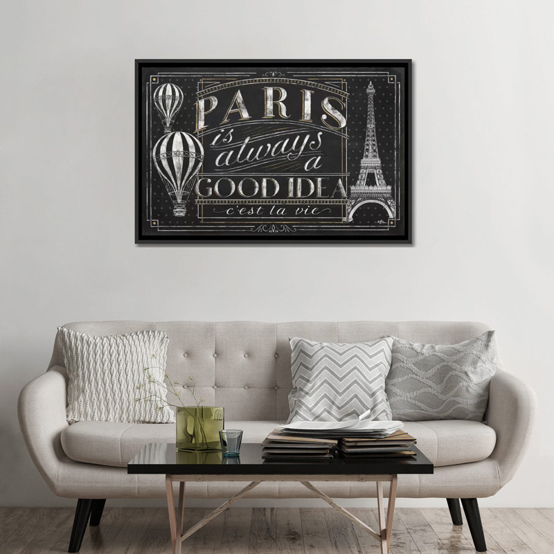 « vive paris i », art textuel sur toile tendue, H 18 po x l 26 po x P 1,5 po, Toile avec cadre noir, Pas de tapis
