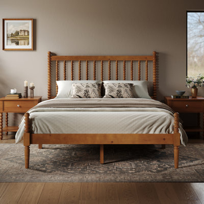 Bilal 47.2"H Queen Size Four-Post Solid Wood Bed with Bobbin Spindle Accents, Yellow Brown