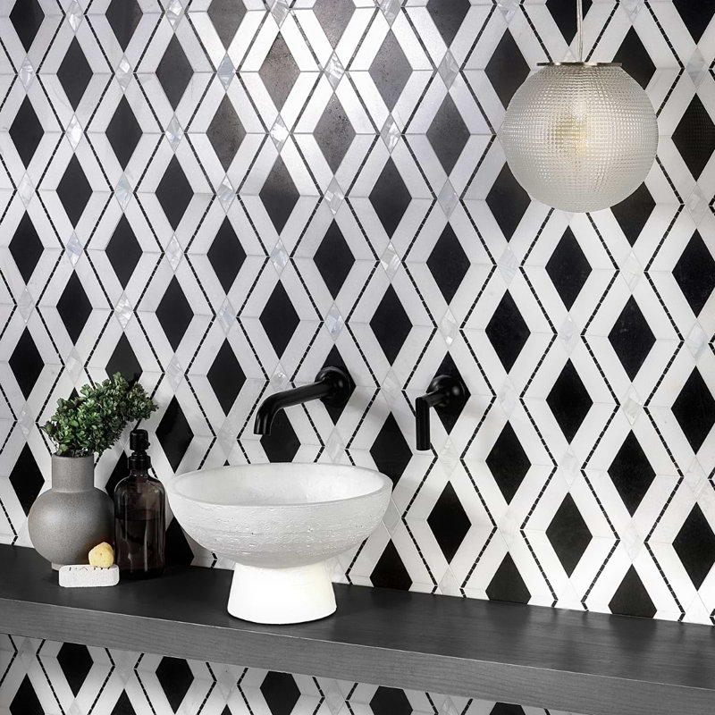 Diana Diamond Polished Marble and Pearl Mosaic Tile, Nero Black