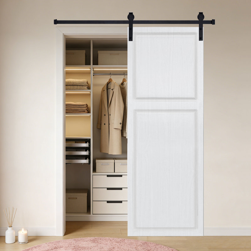 Moderne 2 panneaux 28 po X 80 po Porte de grange coulissante en panneau de fibres à densité moyenne noyer blanc avec ensemble de quincaillerie