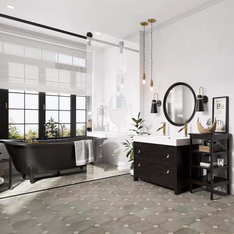 Laverton Octagon Grafito W/Taco 7-7/8 In. X 7-7/8 In. Porcelain Floor And Wall Tile, Gray/Beige