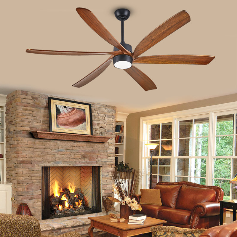 6 Blade Walnut Finish Solid Wood Ceiling Fan With Light, 72" Wide