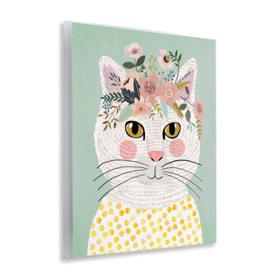 Plaque murale ludique chat blanc avec fleurs, design par Mia Charro