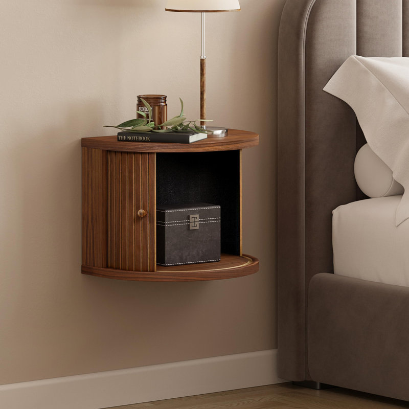 16'' Floating Nightstand with Storage and Sliding Door - Floating Side Table for Living Room, Bedroom and Office. Mid Century Modern Nightstand Wood, Bedside Shelf Wall Mount