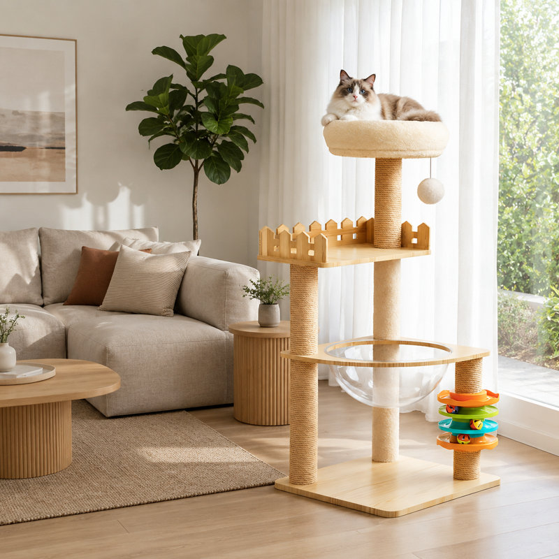 Tour à chat 39,3 po - Arbre à chat en bois avec hamac en acrylique et jouets, naturel / blanc 39,3 po