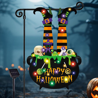 Halloween, drapeau de jardin illuminé, décorations solaires d'Halloween à l'extérieur, pieds de sorcière, drapeau de jardin en forme de recto verso, chaudron à DEL, signe d'Halloween, décoration pour la maison de vacances