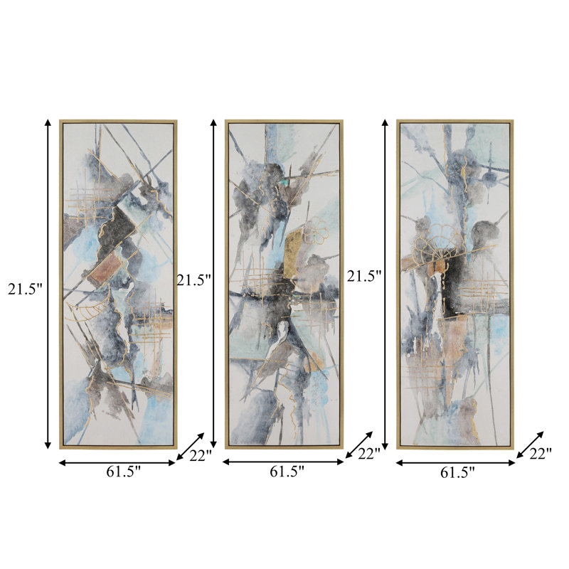 Modern Large Set of Three, Abstract Design, Canvas and Pine Wood, Multi-Colored