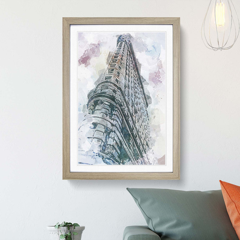 The Flatiron Building in New York in Abstract - Picture Frame Painting Print, 65cm H x 48cm W x 2cm D, Oak Framed