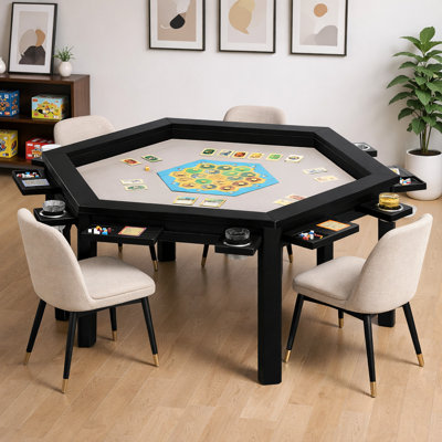 Table de jeu hexagonale en bois massif pour 4 à 6 joueurs, table de salle à manger convertible / table de jeu, table de jeu amovible avec tapis de jeu, porte-gobelets 6 * et plateau pour passe-temps