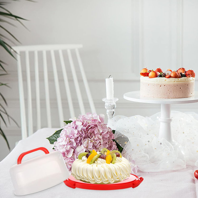 Cake Carrier with Collapsible Handle - Plastic Red Cake Container and Holder with Lid