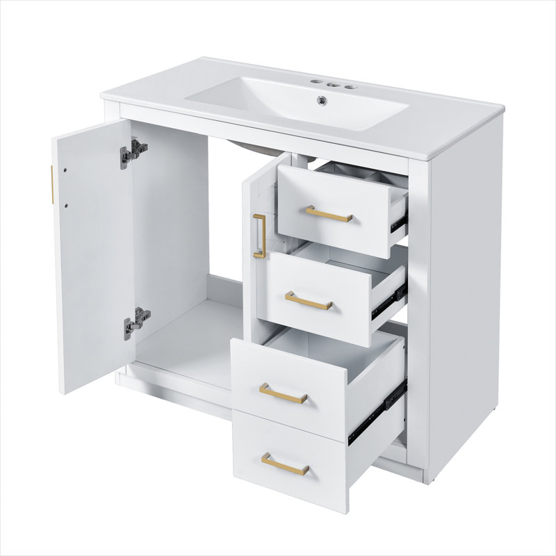 36'' Single Bathroom Vanity With Ceramic Top, White, Gold