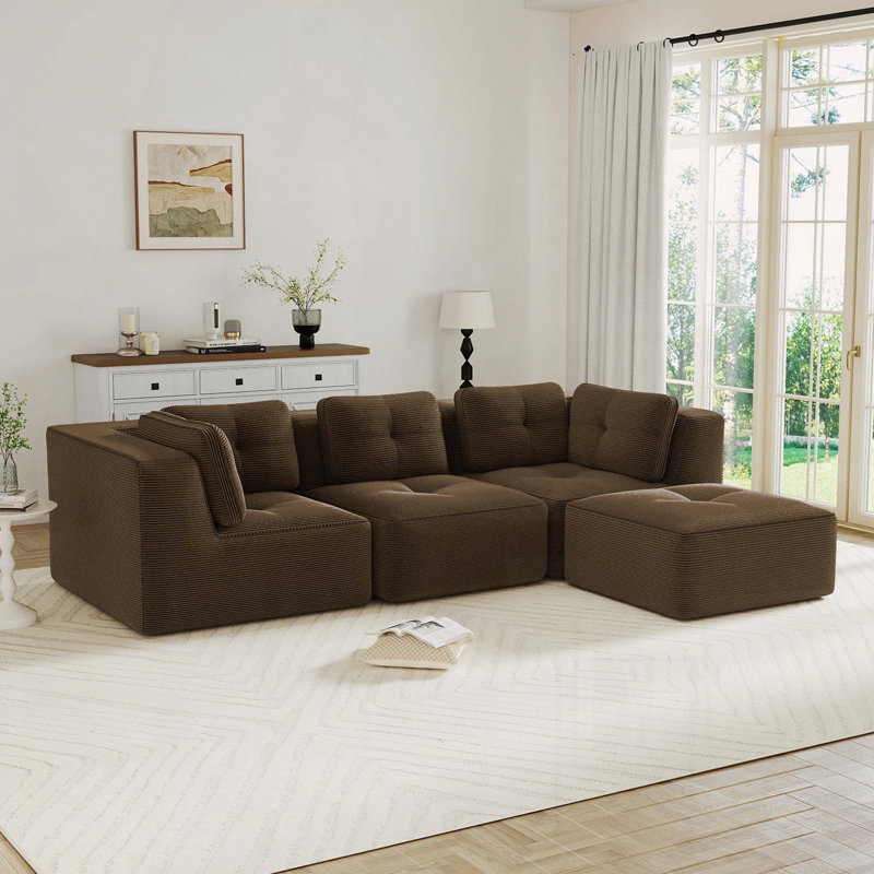 Canapé modulaire modulaire en velours côtelé, assise profonde, repose-pieds mobile, sans assemblage, Brun