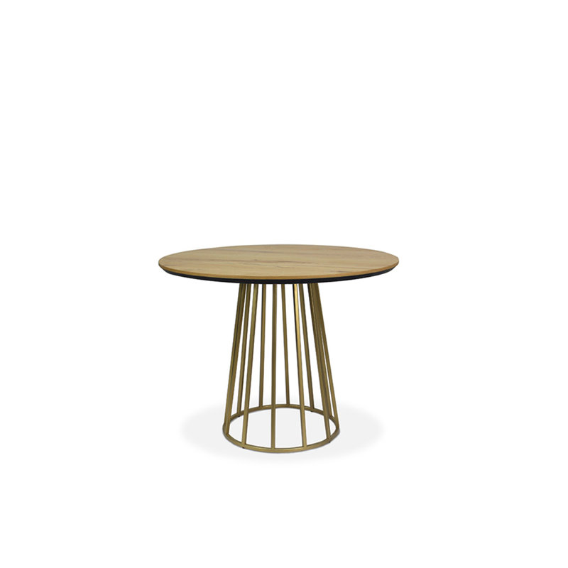 Sharece Round Metal Base Dining Table, Solid Oak, Gold