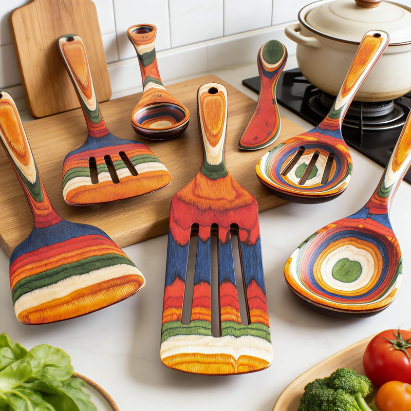Ensemble d'ustensiles de cuisine 7 pièces pour batterie de cuisine antiadhésive, outils de cuisine en bois avec poignées colorées
