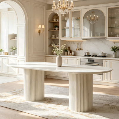 Table de salle à manger de luxe moderne 71 po avec plateau en pierre Snow Mountain brillant, base cylindrique double cannelée romaine, table de salle à manger blanche